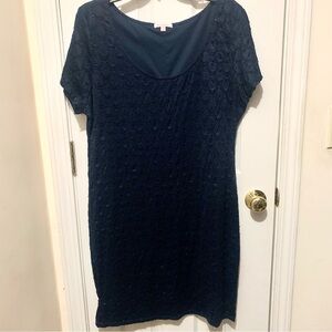 XXL Isaac Mizrahi Eyelet Lace Overlay Dress Navy Short Sleeve Lined
